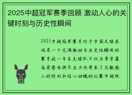 2025中超冠军赛季回顾 激动人心的关键时刻与历史性瞬间 2025中超冠军赛季回顾 激动人心的关键时刻与历史性瞬间