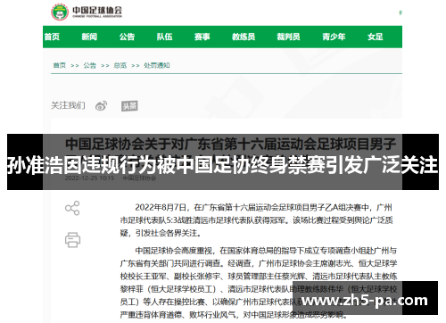 孙准浩因违规行为被中国足协终身禁赛引发广泛关注