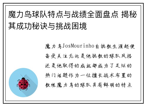 魔力鸟球队特点与战绩全面盘点 揭秘其成功秘诀与挑战困境