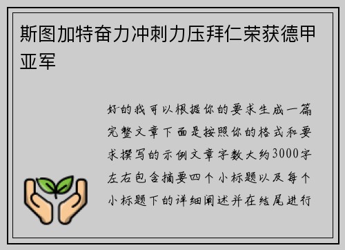 斯图加特奋力冲刺力压拜仁荣获德甲亚军